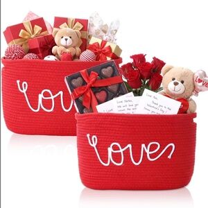 Red Cotton Rope Storage Baskets Set of 2 LOVE Design 15x10x9